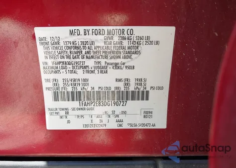 2013 Ford Taurus Sel z USA, uszkodzony, nr VIN 1FAHP2E83DG190727